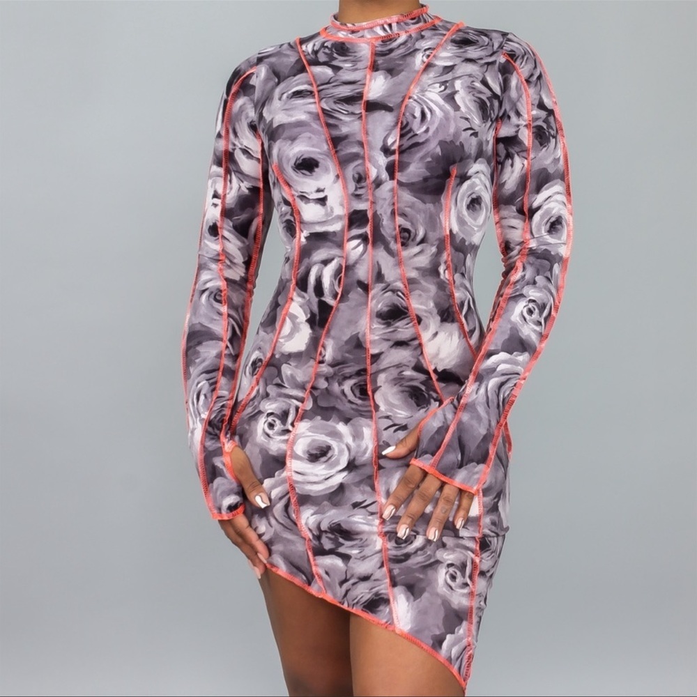 Reverse Seam Rose Print Asymmetrical Bodycon Dress Black Size Medium